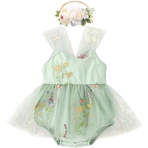 ODASDO Infant Baby Girl Tulle Romper Flower Embroidery Princess Bodysuit with Headband Birthday Party Cake Smash Outfit