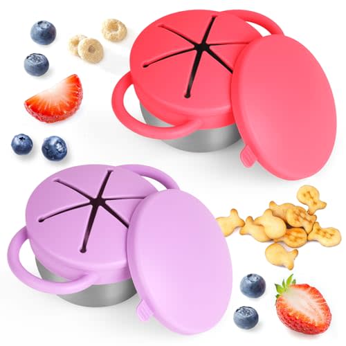 Daximo 2 Pack Snack Cups for Toddlers Spill Proof - Detachable Stainless Steel Toddler Snack Cups with Silicone Lids & Handles - Dishwasher Safe Snack Container (Red and Purple)