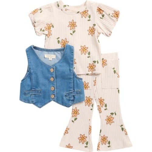 Floral T-Shirt, Leggings & Denim Vest Set