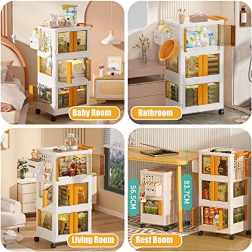 3-Tier Rolling Storage Bin, Rolling Storage Cart for Bedroom Storage,Plastic Storage Containers with Wheels Rolling Cart Snack Cart for Home Office Classroom Bedside Organizer Cart