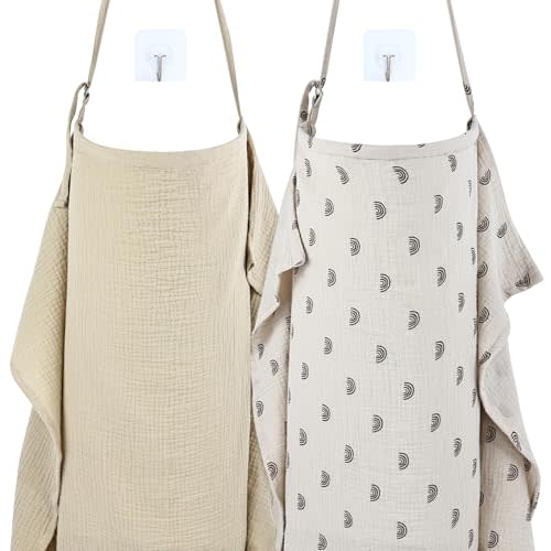 Cinaci 2 Pack Pure Cotton Muslin Lightweight Breathable Breastfeeding Nursing Cover Blankets with Adjustable Metal Clasp (Rainbow Khaki+Khaki)