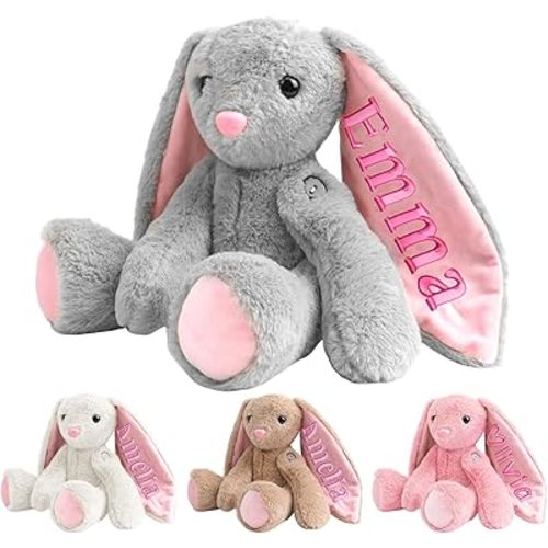 Personalized Name Embroidered Bunny Plush for Kids, Custom Stuffed Animals, Baby Toddlers Toys, Personalized 1-12 Year Old Birthday Gifts for Girl Boys (Grey)