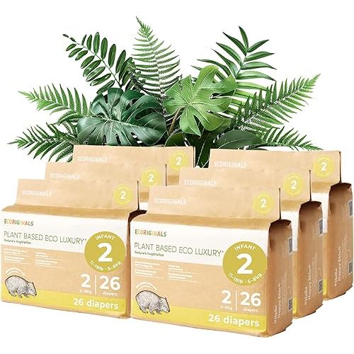 Ecoriginals - 156 Eco Infant Diapers Size 2 - Baby Diapers with 100% Plant-Based Layers, Disposable & Hypoallergenic Baby Essentials for Infant Babies - Secure Fit Size 2 Diapers (11-18lb), 6 Pack