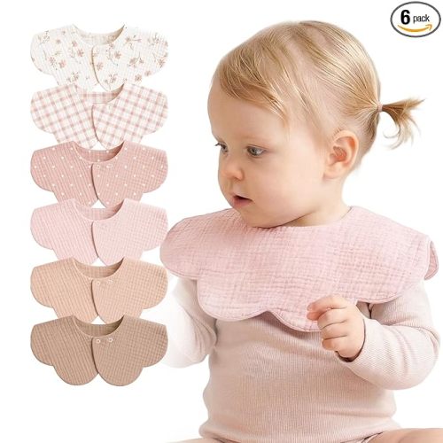MairMore 6-Pack Muslin Baby Bibs, 360° Rotate Flower-Shaped Drool Bibs