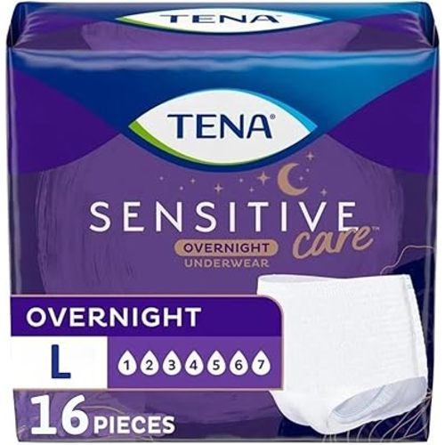 TENA Sensitive Care Overnight Incontinence Underwear for Women, Large (Waist Sizes 32in–42in), Better Fit, 16 Count