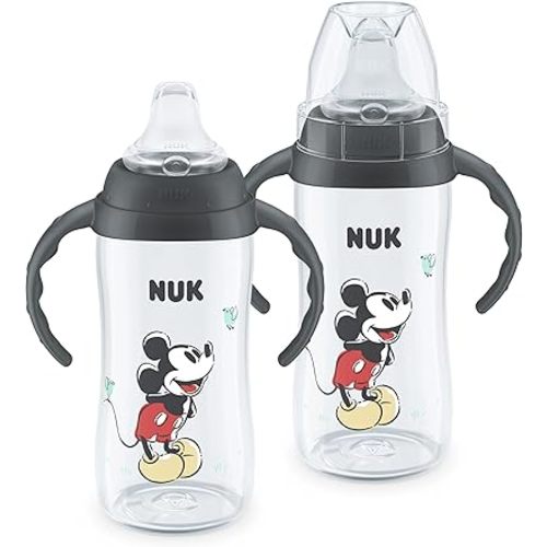 NUK First Choice Mickey Mouse Large Learner Cup 2.0, 10oz. Sippy Cup with Handles, Spill Proof, Leak Proof Soft Straw Cup, 2-pack