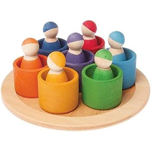 Rainbow '7 Friends' Set of Wooden Sorting & Matching Rainbow Peg Dolls with Round Tray
