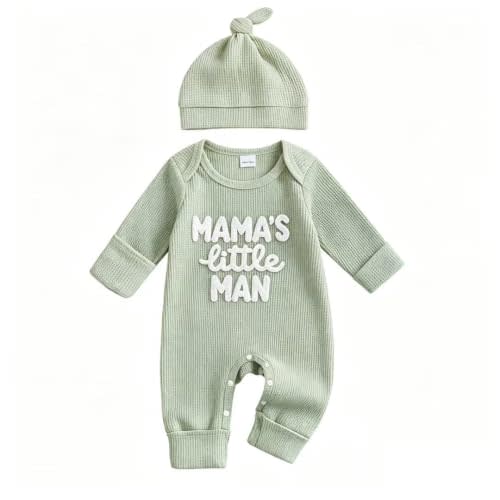 Newborn Baby Boy Fall Outfit Romper Jumpsuit Bodysuit Infant Clothes | Letter Long Sleeve Crew Neck Winter Cute Waffle Bodysuit