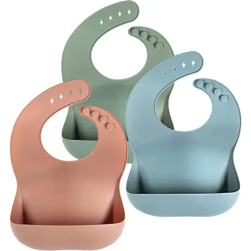 Juego de 3 baberos de silicona para bebés y niños pequeños, sin BPA, unisex, suaves y ajustables, baberos de alimentación impermeables