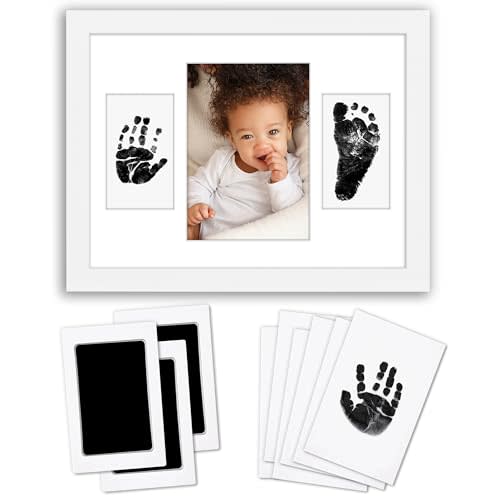 Americanflat Inkless Baby Hand and Footprint Kit with 3 Mess-Free Ink Pads - 9x12 Frame with Mat for 3 Openings and Shatter-Resistant Glass - Tabletop or Wall - Nursery Decor or Baby Shower - White
