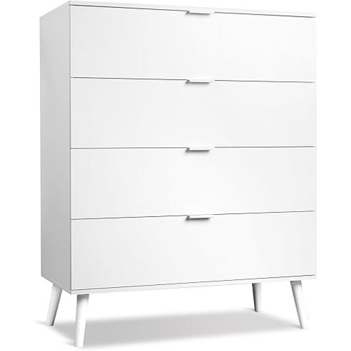 WLIVE 4 Drawer Dresser for Bedroom, Wooden White Tall Dresser, Modern Dressers with Sturdy Metal Handle, Small Chest of Drawers for Living Room, Hallway