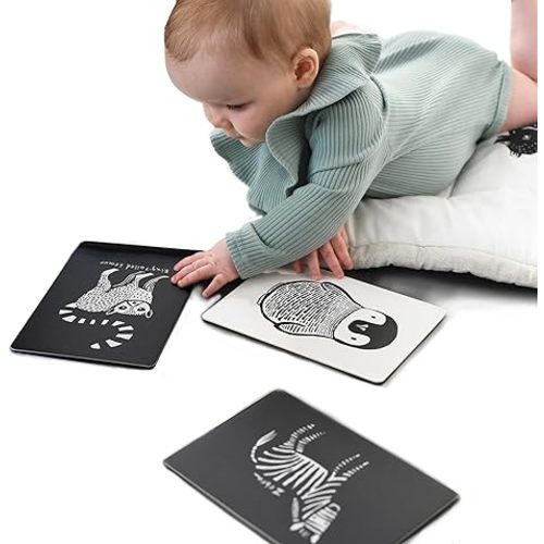 Wee Gallery Art Cards for Baby, Durable High Contrast Black and White Animal Flashcards for Newborns, Brain Development, Sensory Toys, Tummy Time Essentials for Infant and Toddler - Baby Animals