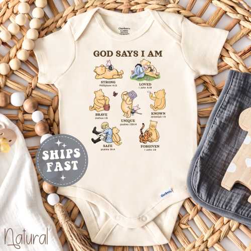 God Says I Am Baby Christian Onesie® Bear and Piglet Faith Newborn Apparel Scripture Infant Gift