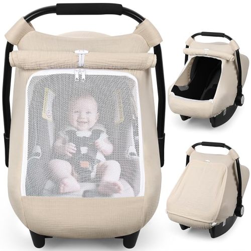 Rquite Car Seat Cover Baby, Carseat Covers Girl Boy, Breathable Muslin Cotton, Large Mesh Window, Infant Car Seat Canopy Baby Carrier Cover Stroller Sun Shade for Summer & Hot Day, Beige