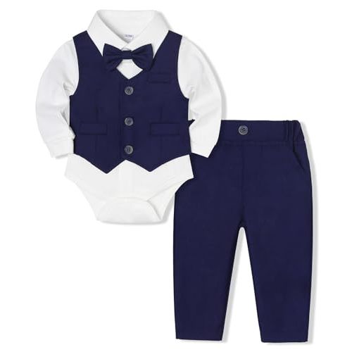 Baby Boy Suit Set Infant Tuxedo Formal Outfit Shirt Vest Pants Bow Tie Wedding Baptism Birthday Party
