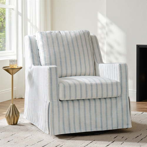 Farmhouse Swivel Rocking Chair Upholstered Glider Rocker with Removable Washable Slipcover, Nursery Accent Chair Blue Thin Stripes