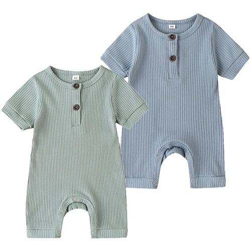 Baby Boy Girl 2 Pack Solid Romper Short/Long Sleeve One Piece Jumpsuits Clothes Sets - Light Green+blue - 0-3 Months