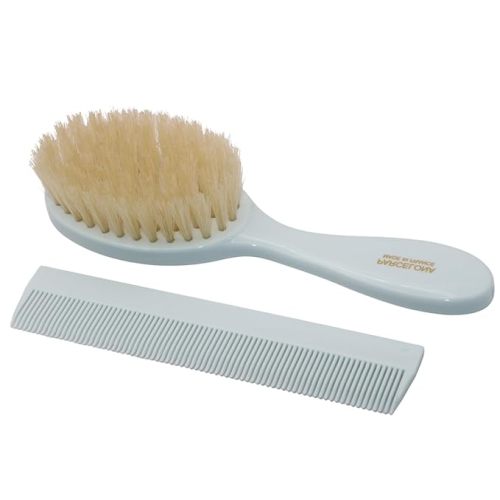 Parcelona French Grooming Combo Gray 6” Celluloid Soft Natural Silk Bristles Baby Brush and Comb for Girls and Toddlers (Gray)