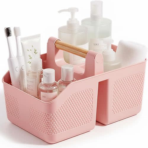 Plastic Shower Caddy Portable Shower Basket with Bamboo Handle, Pink