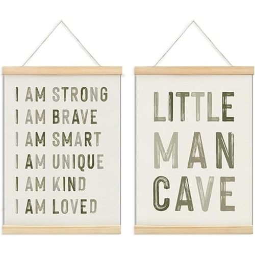 ULEGIE Boy Nursery Decor Posters Framed with Wood Hanger, Little Man Cave Sign for Boys Kids, Boys Room Decor, Toddler Room Decor, Positive Affirmations for Kids Decor, Art Prints for Nursery Playroom Bedroom, 2 Pack 12 x 16 Inches