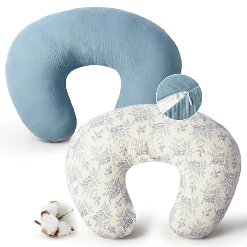 FUNUPUP Muslin Nursing Pillow Cover Replacement, Blueberries&Blue | Slipcover Fit for Standard Breastfeeding Pillow 27x19x6 Inches, Hidden Zipper, Soft Breathable, Machine Washable, Pre-Shrunk