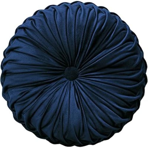 Round Throw Pillow Velvet Home Decoration Pleated Round Pillow Cushion for Couch Chair Bed Car (Navy Blue)