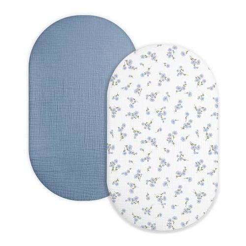 Bassinet Sheet for Baby Boy and Girl 2 Pack, Fitted Sheets for Rectangle, Oval, Hourglass Bassinet Mattress, Muslin Moses Basket Sheets with Neutral Style (Bluebell Bloom & Light Blue)
