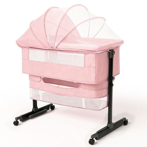 Baby Bassinet Bedside Crib with Adjustable Height, Breathable Mesh Sides, Wheels and Storage Basket,Pink