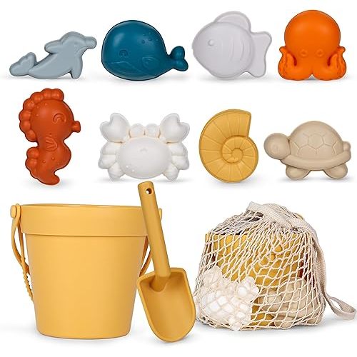 MarcZero 11Pcs Silicone Beach Toys,Modern Baby Beach Toys,Travel Friendly Beach Set,Eco Friendly Toy,Silicone Bucket, Shovel, 8 Sand Molds, Beach Bag,Silicone Sand Toys for Toddlers, Kids (Yellow)