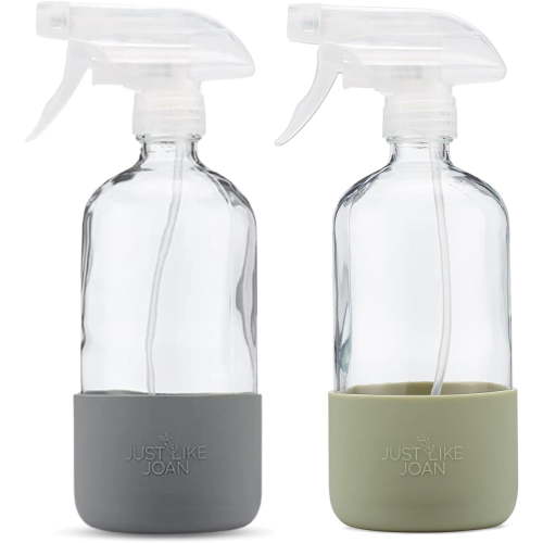 Just Like Joan 2-Pack Clear Glass Spray Bottles with Silicone Sleeve [Steel Gray & Sage Green]