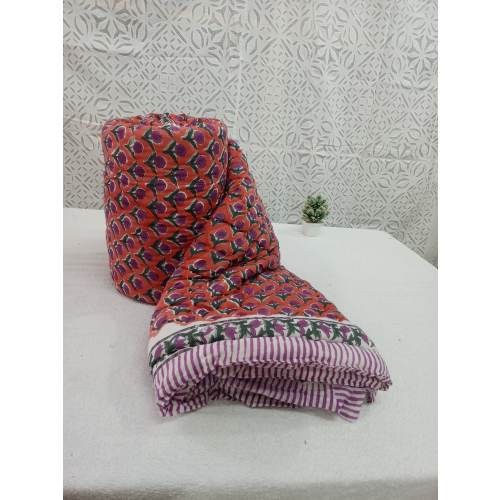 Floral Hand Block Print Cotton Quilt: Queen Size Indian Razai Blanket