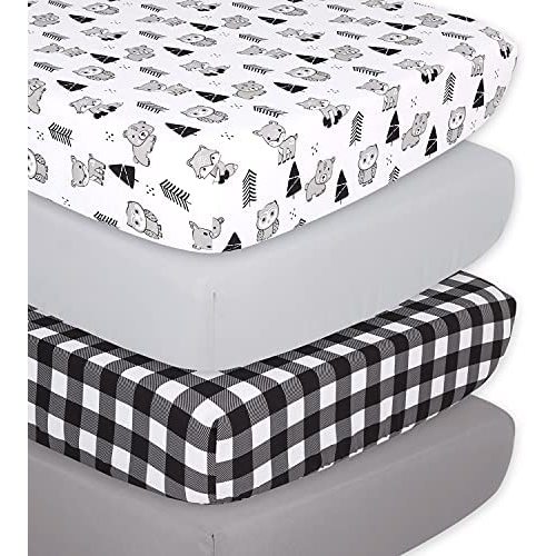 The Peanutshell Woodland Animal Fitted Crib Sheet Set for Baby Boys or Girls | Unisex 4 Pack | Woodland Animals & Buffalo Plaid