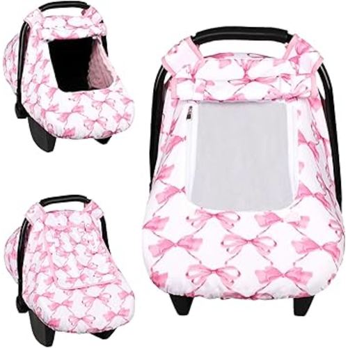 Car Seat Cover Baby, HNHUAMING Infant Car Seat Covers Canopy for Baby Girl Boy, Cozy & Windproof Newborn Carseat Covers Minky Dot Backing Stroller Cover with Breathable Mesh Window, Pink Bow
