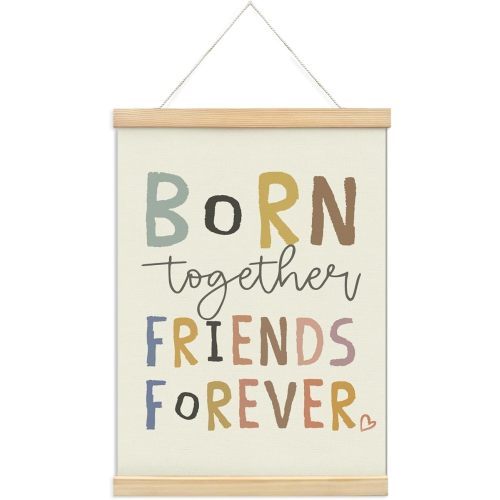 foedor Preppy Bedroom Decor Twins Artwork,Twins Baby Items Must Haves Wall Sign Decor for Baby Girl Nursery,Born Together Friends Forever,Twin Girls Baby Gifts