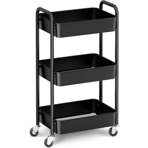 CAXXA 3-Tier Rolling Metal Storage Organizer - Mobile Utility Cart, Kitchen Cart with Caster Wheels (Black)