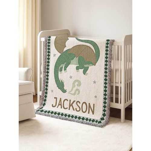 Dragon Baby Blanket with Name: Cotton Woven Fringe or Fleece Crib Blanket Fairytale Nursery Bedding Boys