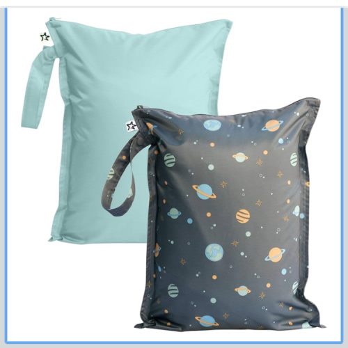 Tiny Twinkle Mess-Proof Waterproof Wet Dry Bag | 2-Pack Reusable Wet Bags for Swimsuits & Baby Clothes | Leakproof Wet Bag for Travel & Diaper Changes for Baby (Space, Ice Blue)