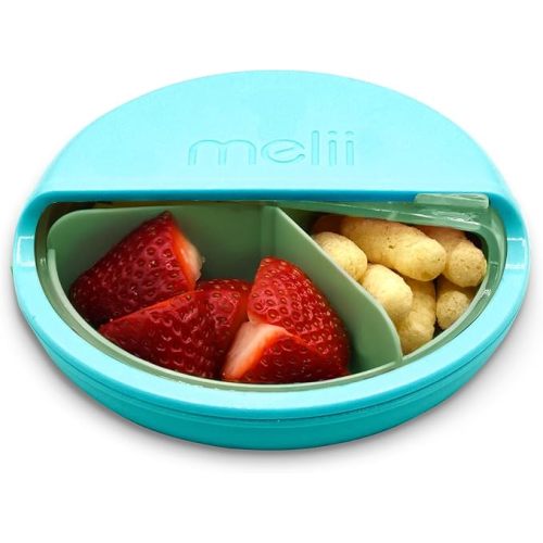 melii Spin Snack Container | 3-Compartment Rotating Snack Box with Sliding Window, BPA-Free, Dishwasher Safe, Portable Snack Container for Kids Ages 3+ (Blue)