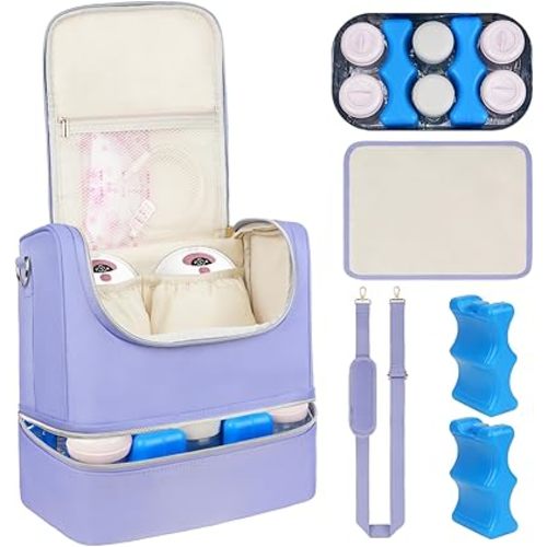 Wearable Breast Pump Bag with Cooler Compartment Fits for Willow/Elvie/Momcozy M5/S12 Pro/Medela, Breast Milk Travel Tote Bag with Ice Pack & Waterproof Mat,Purple