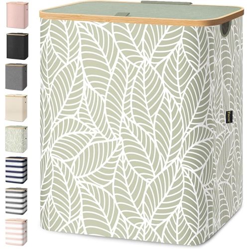 BALEINE Laundry Hamper with Lid, Tall Laundry Baskets with Bamboo Pull Handles, Large Laundry Bin with Internal Support (36 Gal/140L, Antique Foliage)