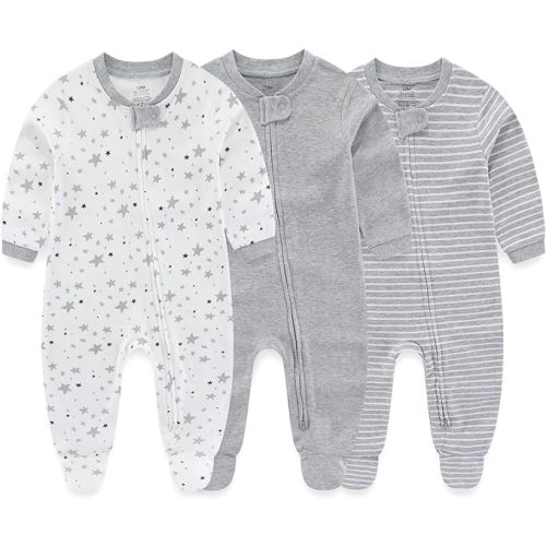 Newborn Baby Boy Girls Clothes 2-Way Zip Footed Cotton Bodysuit 3-Pack Long Sleeve Outfits 0-12Months Baby Pajamas