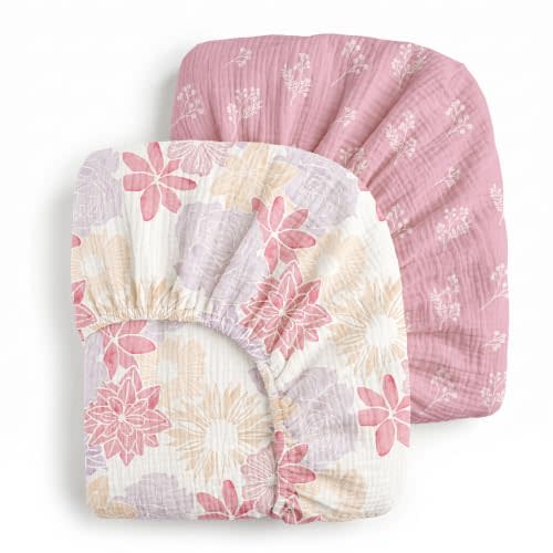 Muslin Crib Sheets for Boys Girls, Fitted 52''x28'' Organic Cotton | 2Pk, 100% cotton, breathable & skin-friendly, fits standard crib and toddler mattresses, secure all-around elastic Bed Cover