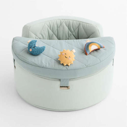 Personalized Organic Washable Green Baby Activity Chair with Lunar Sun Baby Rattle Set