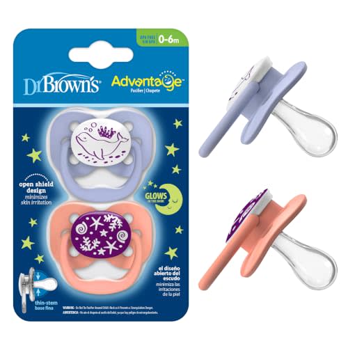 Dr. Brown's Advantage Glow-in-the-Dark Baby Pacifier, Fully Symmetrical Soother with Soft Silicone Bulb, Coral Ocean, 0-6m, BPA Free, 2 Pack