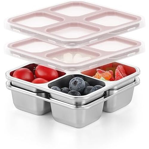BEFOY 2 Pack Stainless Steel Snack Containers with Lids 4 Compartment Food Storage Containers for Adults Meal Prep Reusable for work or going out.(PINK, 2)
