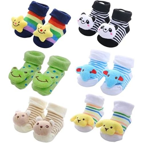 FedMois 6 pairs Baby 3D Cartoon Anti-Skid Booties Socks Slippers Shoes