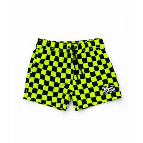 Hybrid Swim Trunks in Neon Electric Lime + Black Checkered