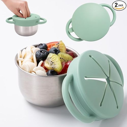 1 Pack Snack Containers for Toddlers, Stainless Steel Toddler Snack Cups with Silicone Food Catcher & Lids,Snack Cups for toddlers Spill Proof