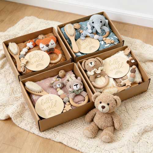Custom Name Baby Shower Gift Box, Newborn Welcome Box Set, Personalized Crochet Rattle & Pacifier Clip, Handmade Baby Gift