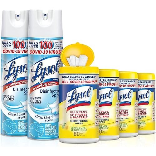 Lysol Disinfectant Multi-Surface Cleaning Wipes, Lemon and Lime Blossom, 80 Count (Pack of 4) Sanitizing Spray, Crisp Linen, 19 Fl Oz Each 2)